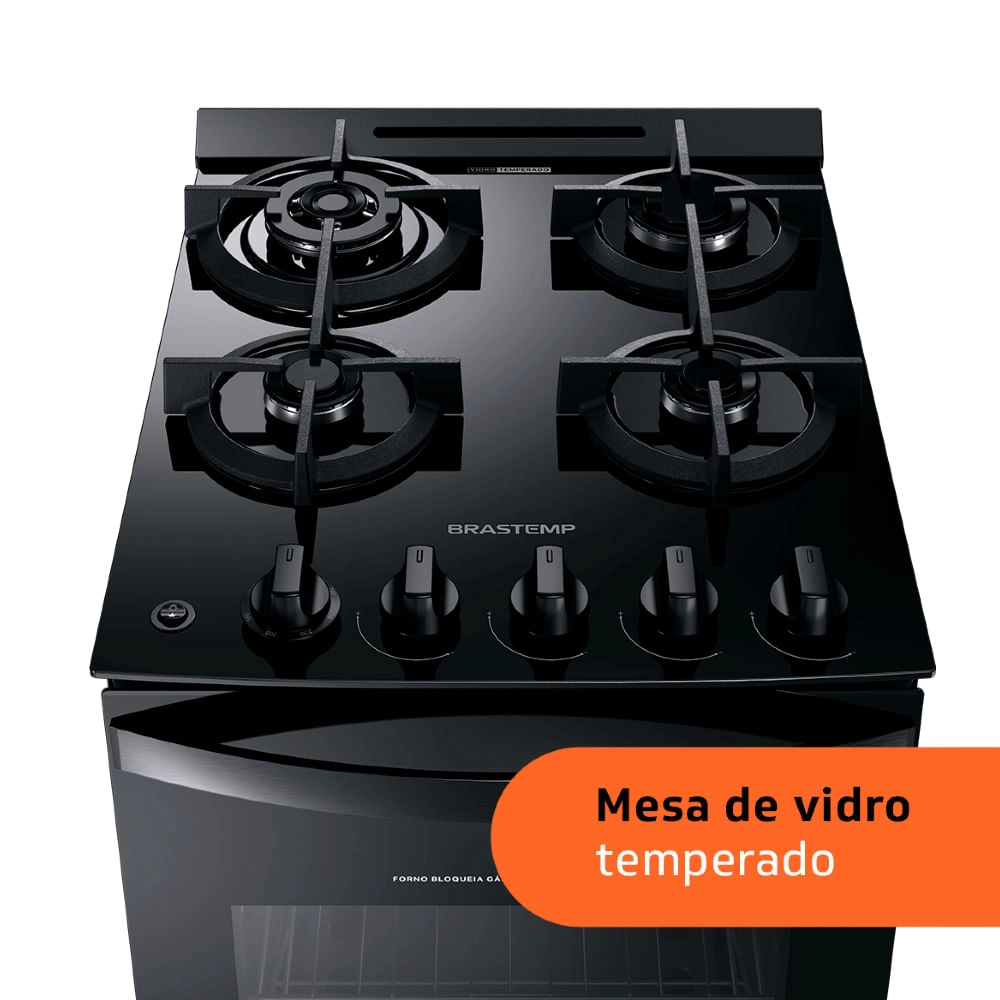 Fogão Brastemp 4 Bocas Preto com mesa de vidro e dupla chama  - BFO4XAE Bivolt