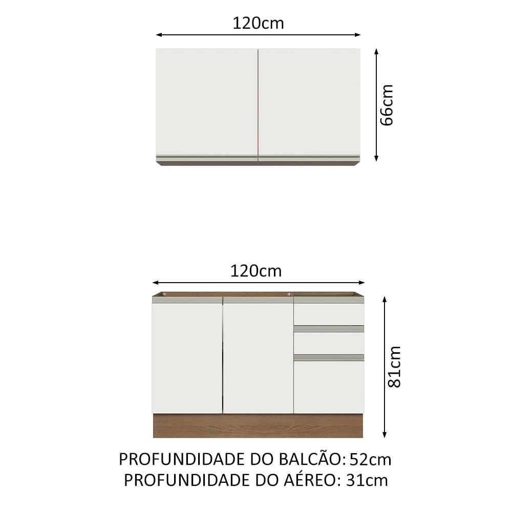 Cozinha Compacta Madesa Glamy 120003 com Armário e Balcão (Sem Tampo e Pia) Rustic/Branco Cor:Rustic Branco