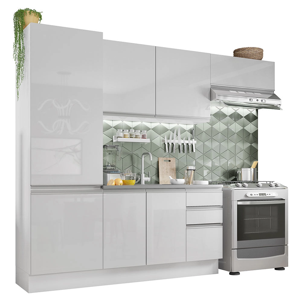 Cozinha Compacta Madesa 100% MDF Acordes Com Armário e Balcão Portas Branco Brilho Cor:Branco