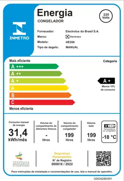 Freezer Horizontal Electrolux 199L (HE200) 220V