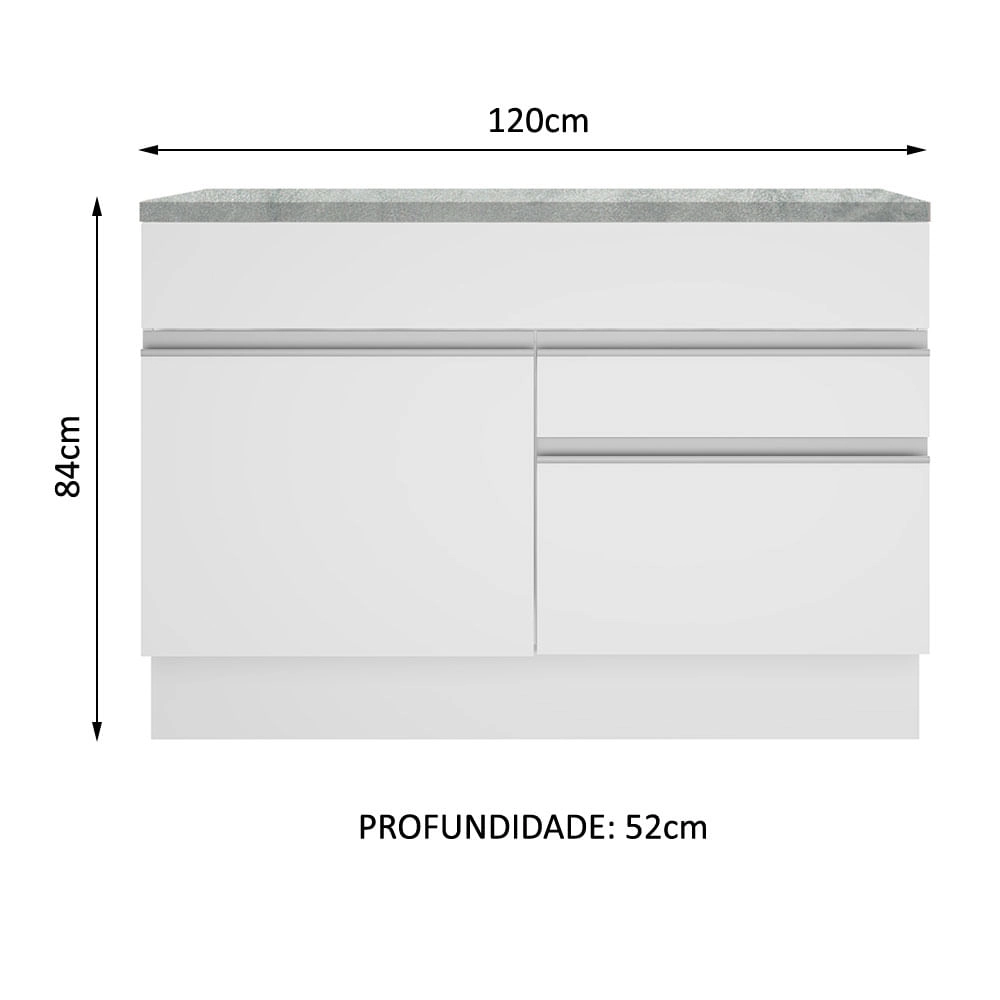 Balcão de Pia Madesa Glamy 120 cm 1 Porta e 2 Gavetas (Com Tampo) Branco Cor:Branco