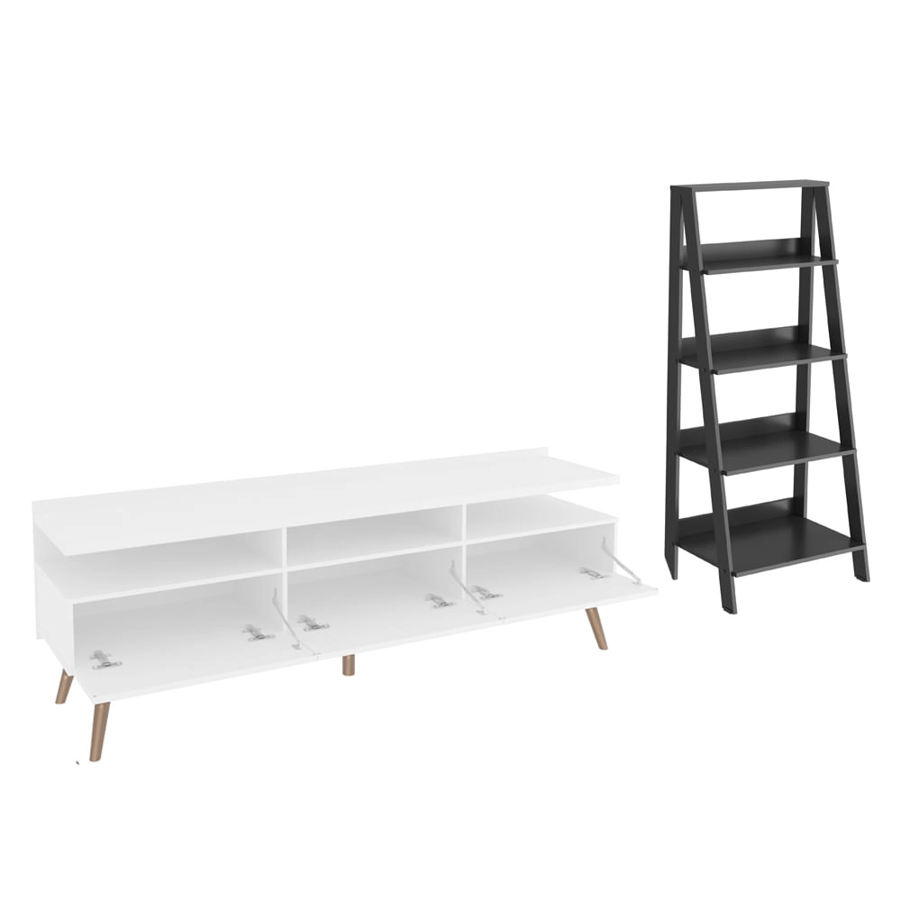 Rack para TV até 65 Polegadas Madesa Londres e Estante Escada Branco/Preto Cor:Branco/Preto