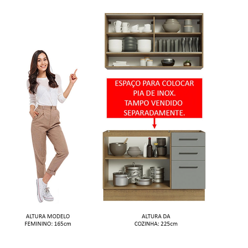 Cozinha Compacta Madesa Agata 120002 com Armário e Balcão (Sem Tampo e Pia) Rustic/Cinza Cor:Rustic Cinza
