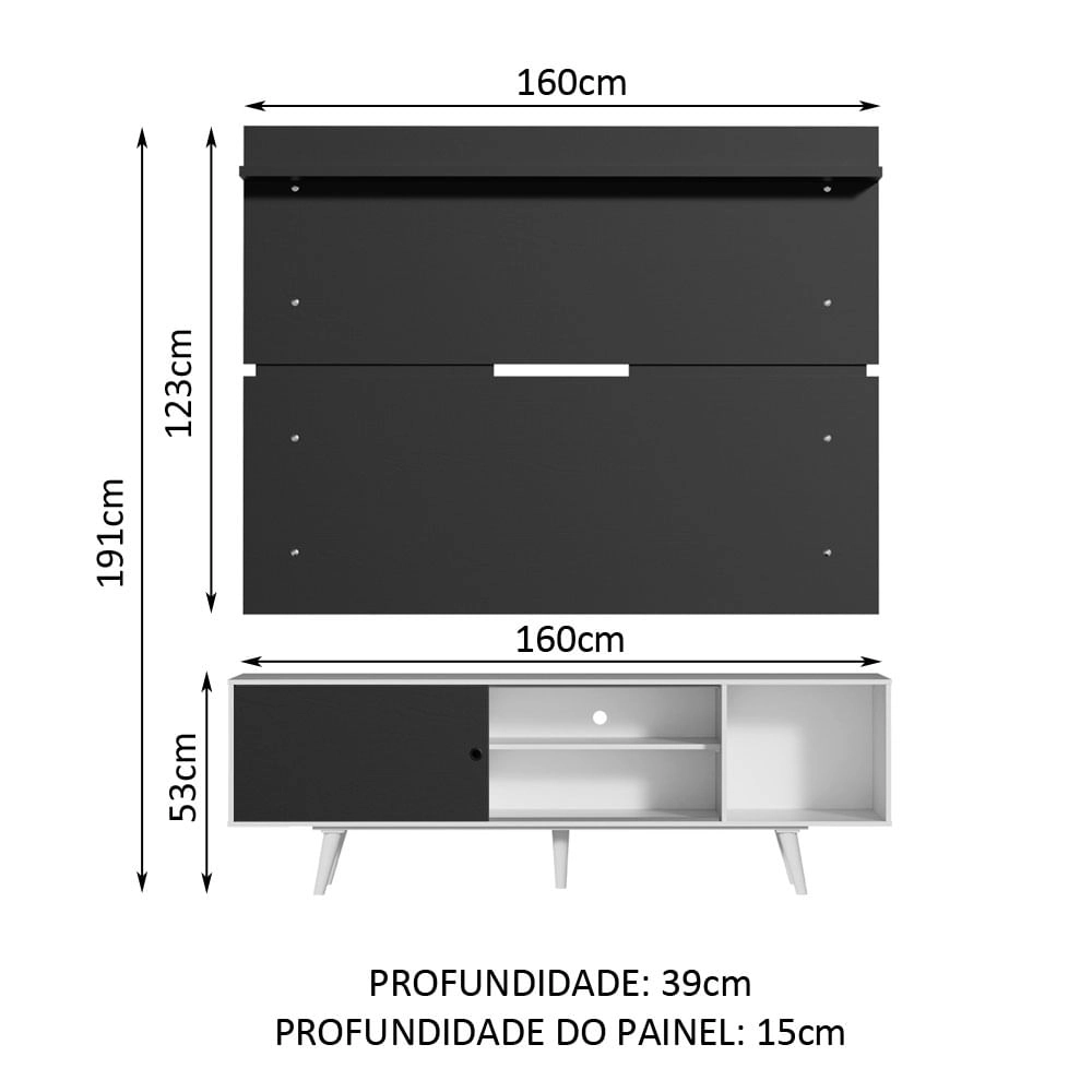 Rack Madesa Dubai e Painel para TV até 65 Polegadas com Pés Branco/Preto 7377 Cor:Branco/Preto