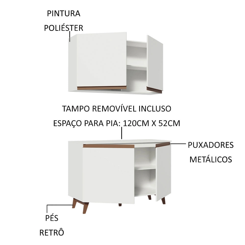 Kit Madesa Reims 120 cm com Armário Aéreo e Balcão Gabinete de Pia Branco Cor:Branco