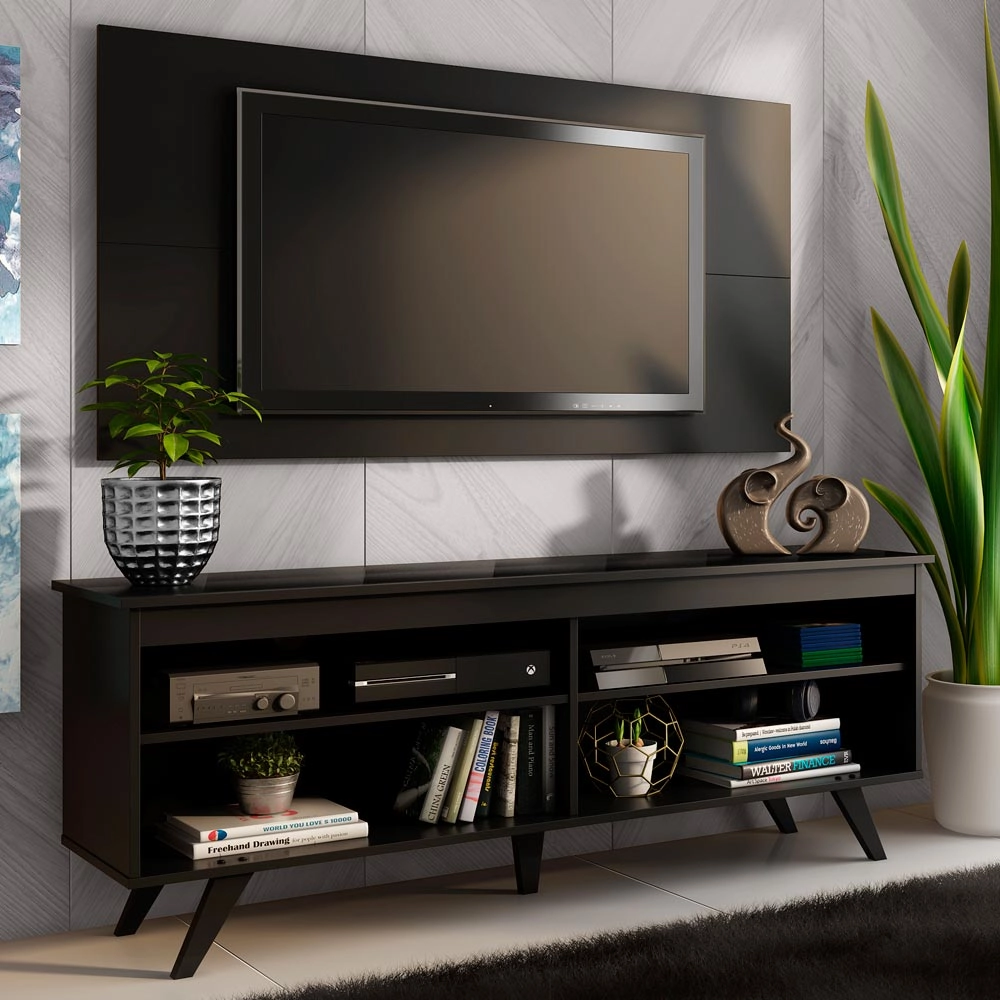 Rack Madesa Udine e Painel para TV até 55 Polegadas com Pés Preto Cor:Preto