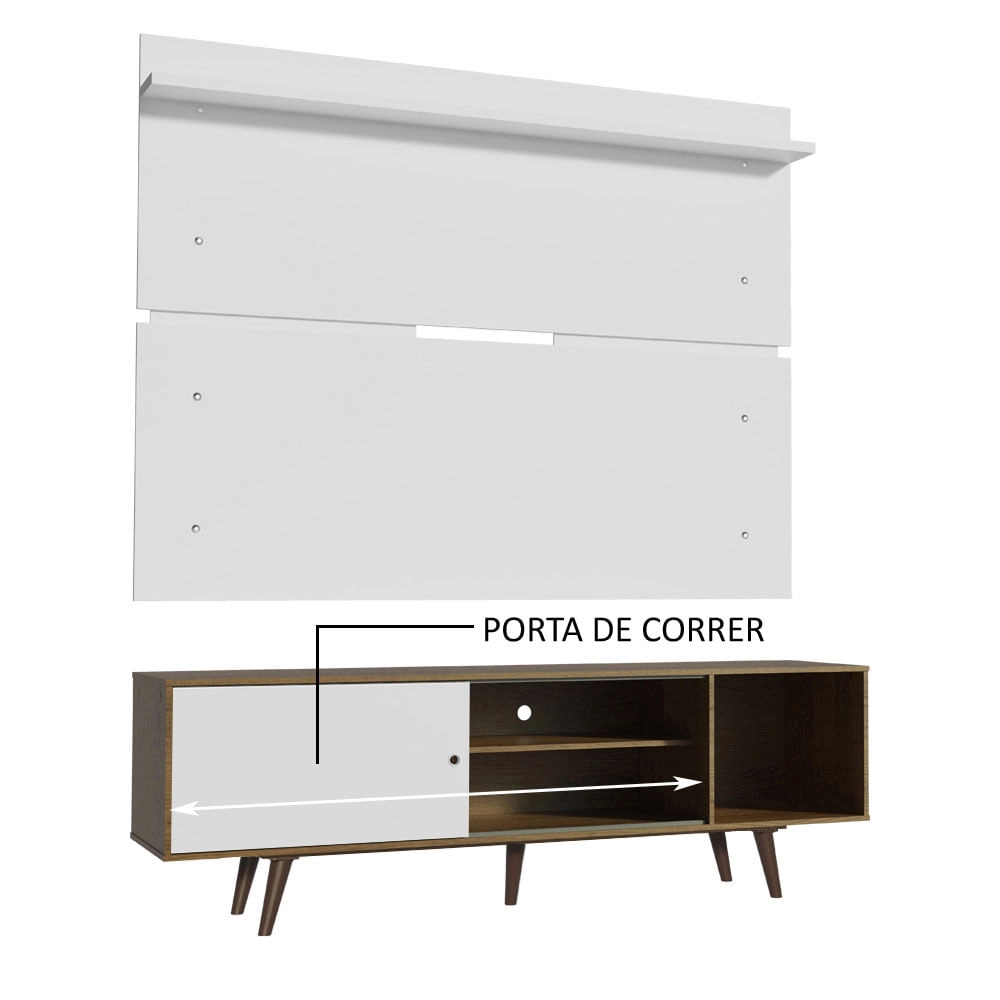 Rack Madesa Dubai e Painel para TV até 65 Polegadas com Pés Rustic/Branco 6E9B Cor:Rustic/Branco