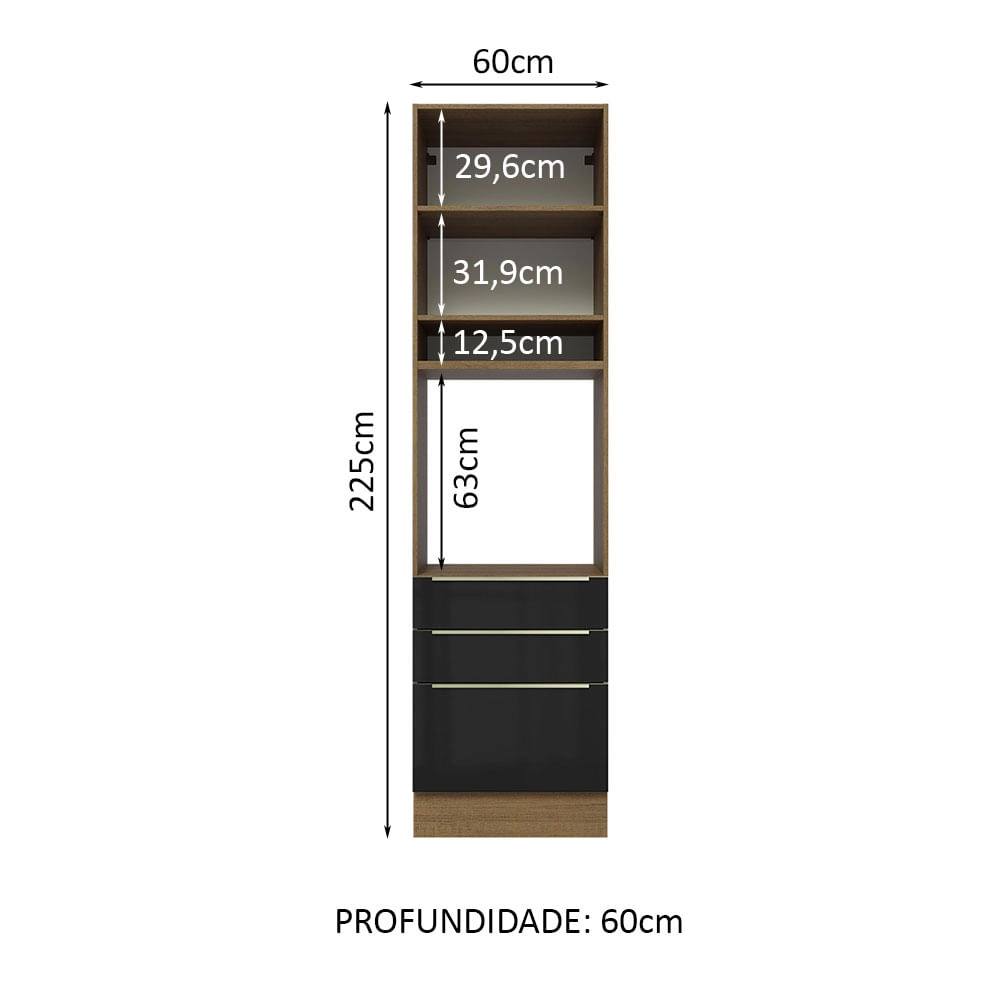 Torre Quente Madesa Lux 60 cm 1 Porta 3 Gavetas Rustic/Preto Cor:Rustic/Preto