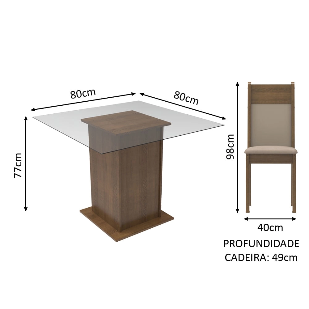 Conjunto Sala de Jantar Madesa Dallas Mesa Tampo de Vidro com 4 Cadeiras Rustic/Crema/Pérola Cor:Rustic/Crema/Pérola