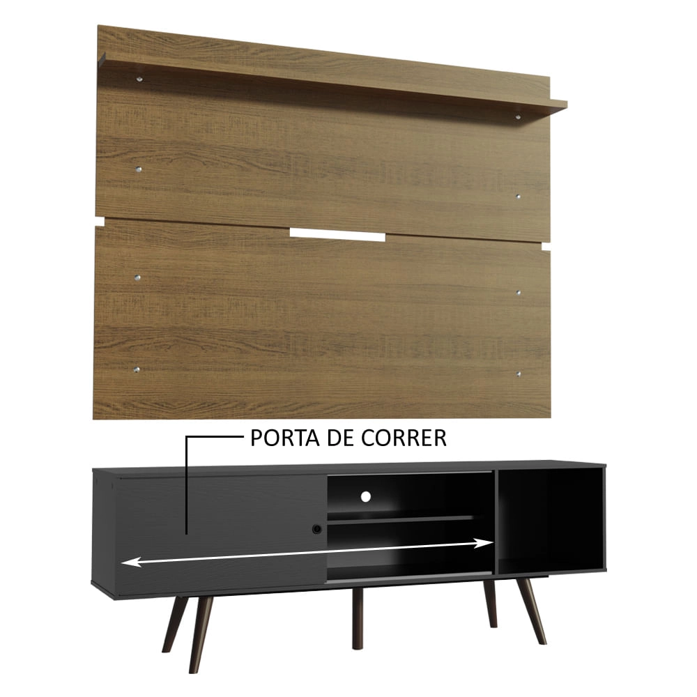 Rack Madesa Cairo e Painel para TV até 65 Polegadas com Pés de Madeira Preto/Rustic/Preto Cor:Preto/Rustic/Preto