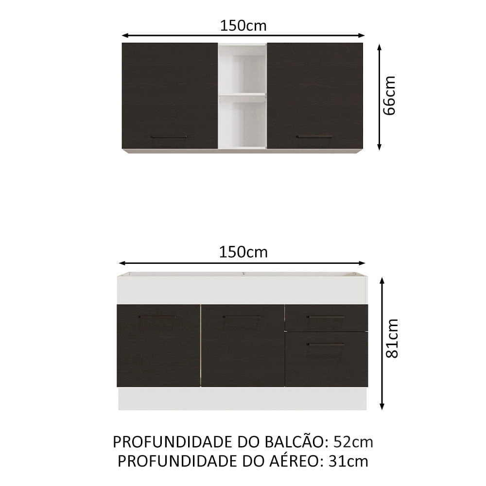 Cozinha Compacta Madesa Agata 150002 com Armário e Balcão (Sem Tampo e Pia) Branco/Preto Cor:Branco Preto