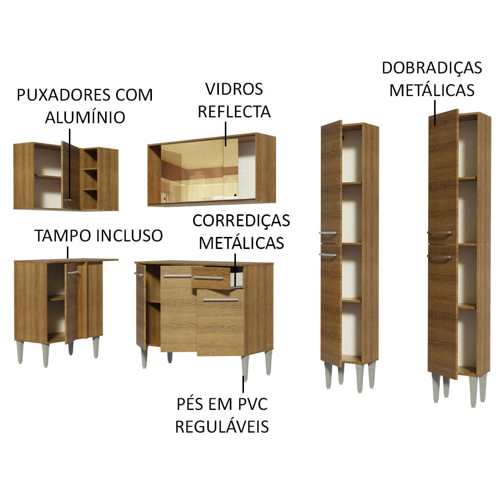 Cozinha Completa de Canto Madesa Emilly Line com Balcão, Armário Vidro Reflex e Paneleiro Rustic Cor:Rustic