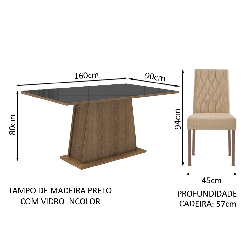 Conjunto Sala de Jantar Madesa Rafaela Mesa Tampo de Vidro com 6 Cadeiras Rustic/Preto/Imperial Cor:Rustic/Preto/Imperial