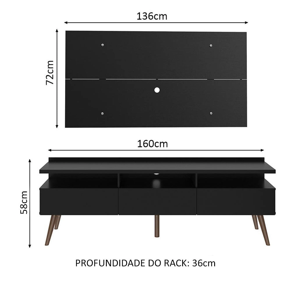 Rack Madesa Londres e Painel para TV até 55 Polegadas Cor:Preto