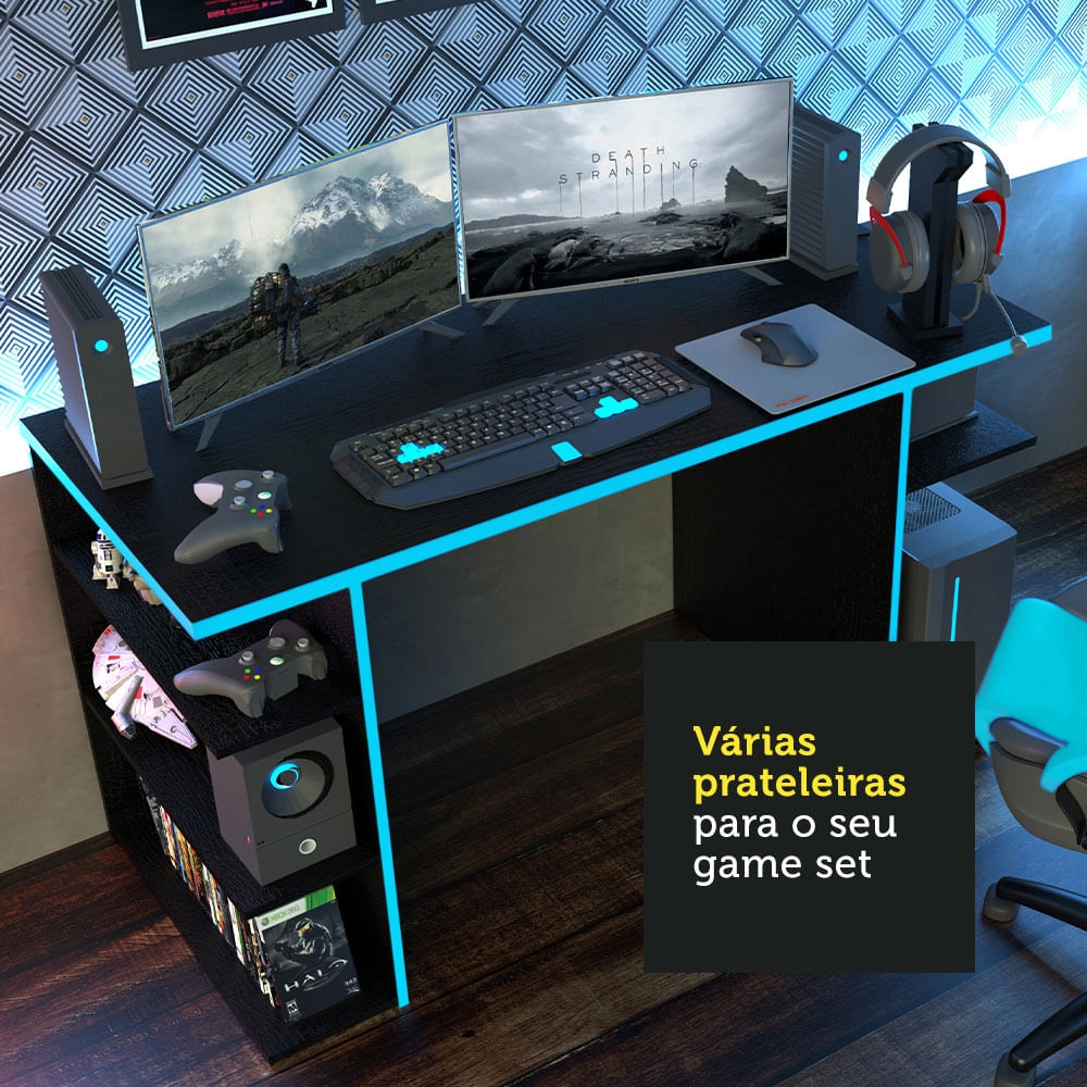 Mesa para Computador Gamer Madesa 9409 Preto Preto/Azul Cor:Preto/Azul