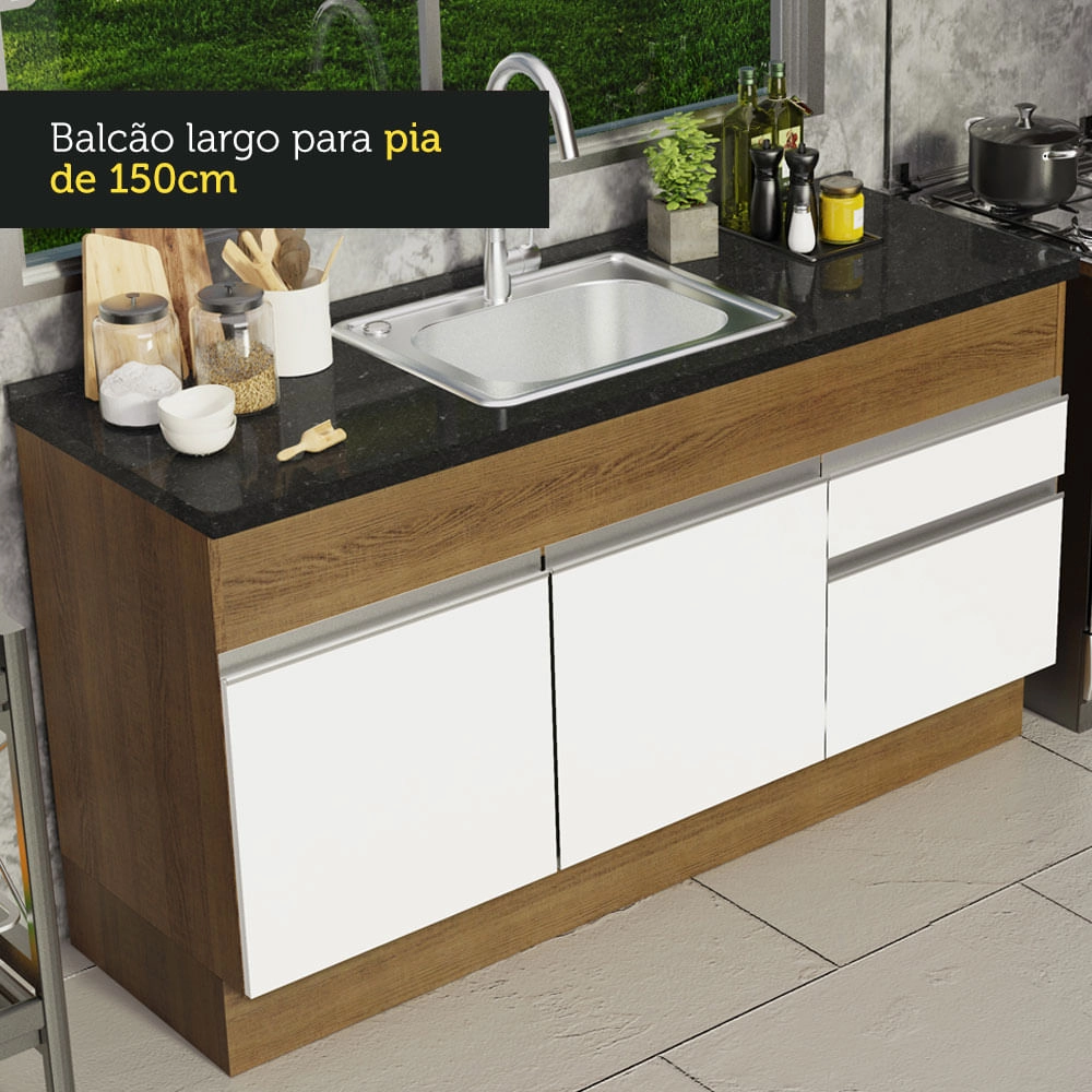 Balcão de Pia Madesa Glamy 150 cm 2 Portas e 2 Gavetas (Sem Tampo e Pia) Rustic/Branco Cor:Rustic/Branco