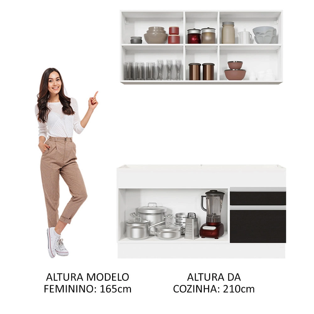 Cozinha Compacta Madesa Glamy 150002 com Armário e Balcão (Sem Tampo e Pia) Branco/Preto Cor:Branco/Preto