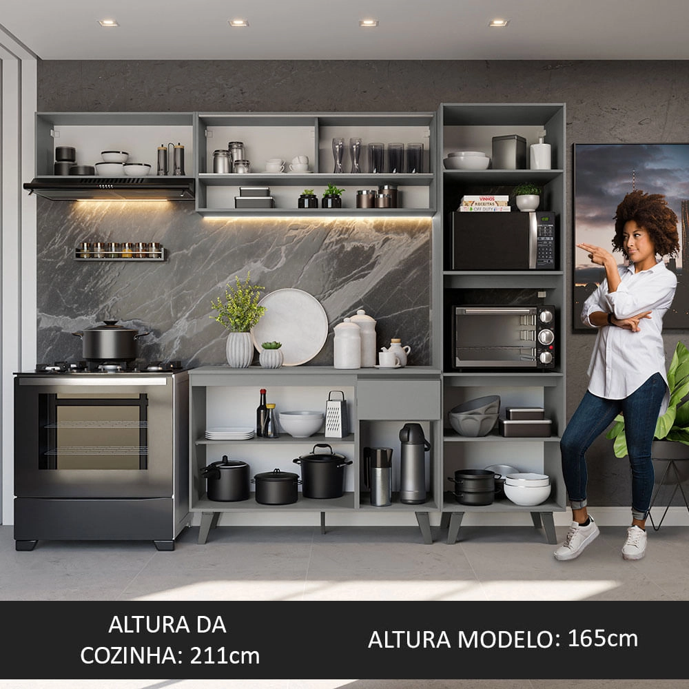 Armário de Cozinha Completa 260cm Cinza Nice Madesa 04 Cor:Cinza