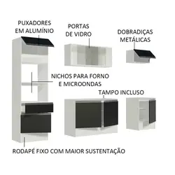 Cozinha Completa Madesa Topazio com Armário, Balcão de Pia e Tampo Branco/Preto Cor:Branco/Preto