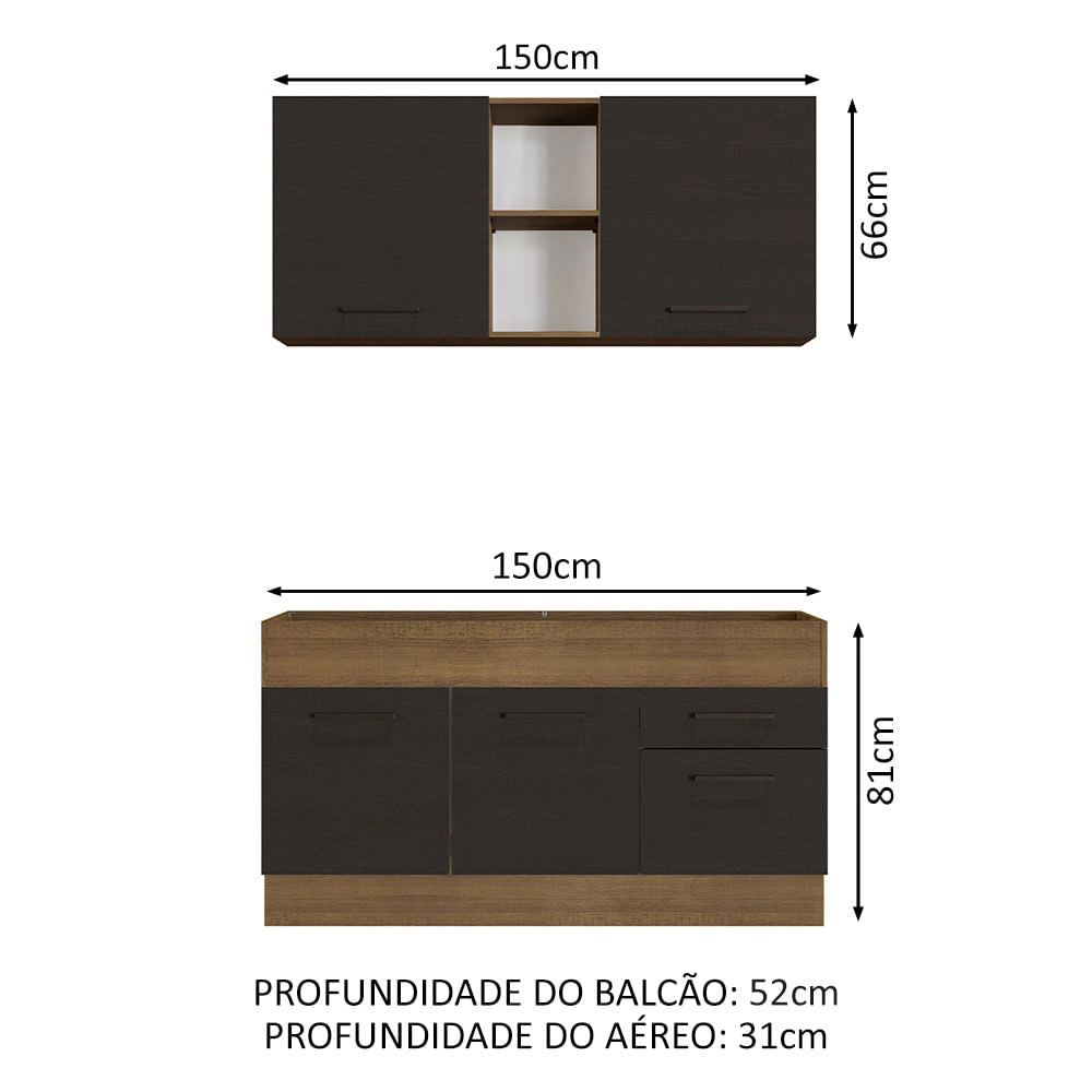 Cozinha Compacta Madesa Agata 150002 com Armário e Balcão (Sem Tampo e Pia) Rustic/Preto Cor:Rustic Preto