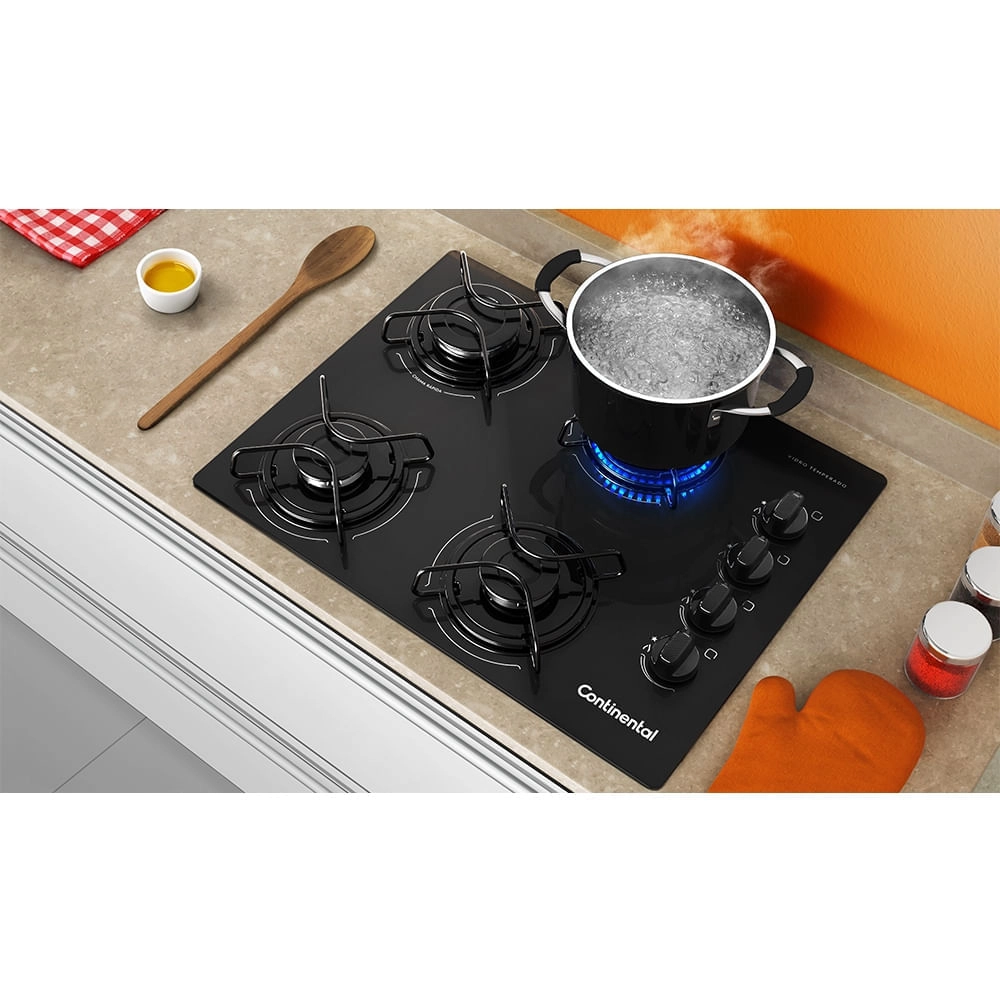 Cooktop 4 Bocas Continental a Gás de Vidro  Temperado Preto (KC4GP) Bivolt