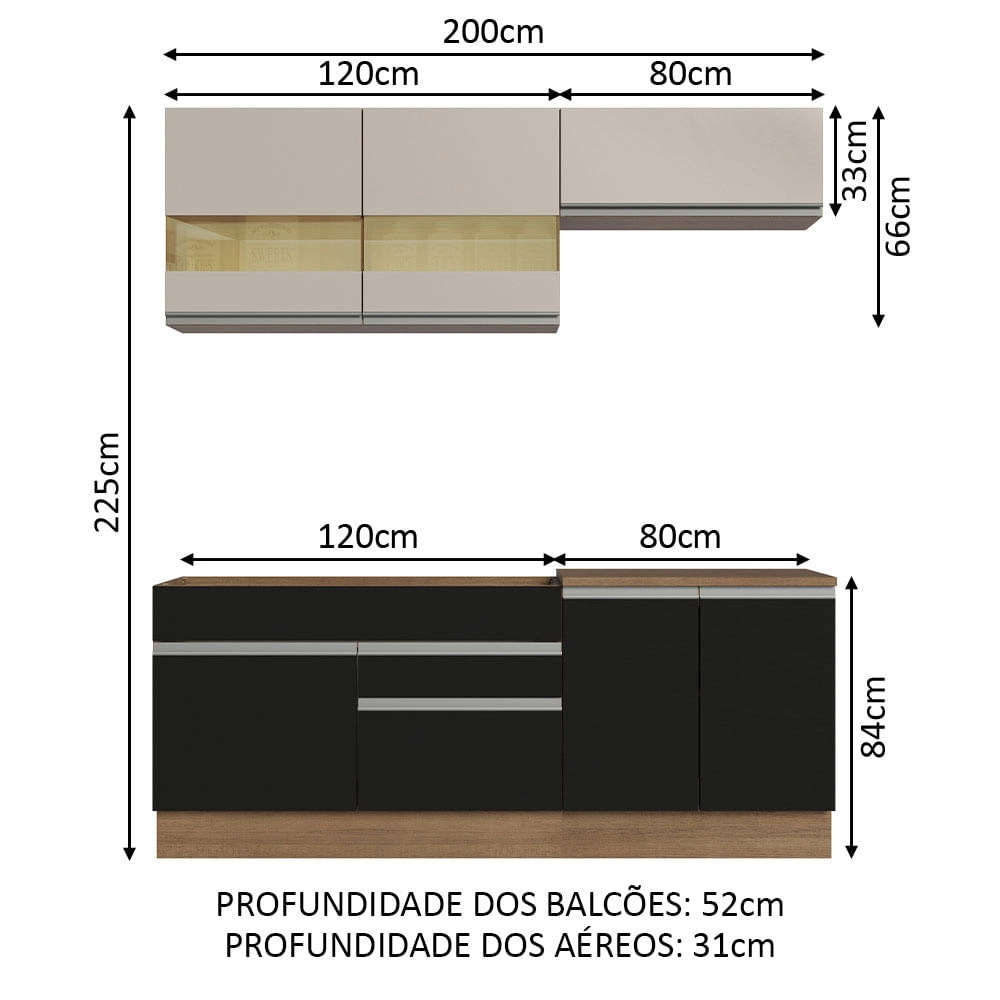 Armário de Cozinha Completa 200cm Rustic/Preto/Crema Glamy Madesa 07 Cor:Rustic/Preto/Crema