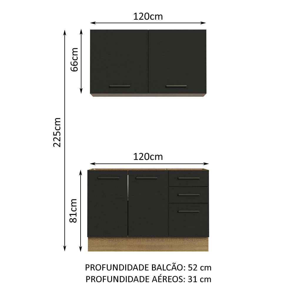 Cozinha Compacta Madesa Agata 120001 com Armário e Balcão (Sem Tampo e Pia) Rustic/Preto Cor:Rustic Preto