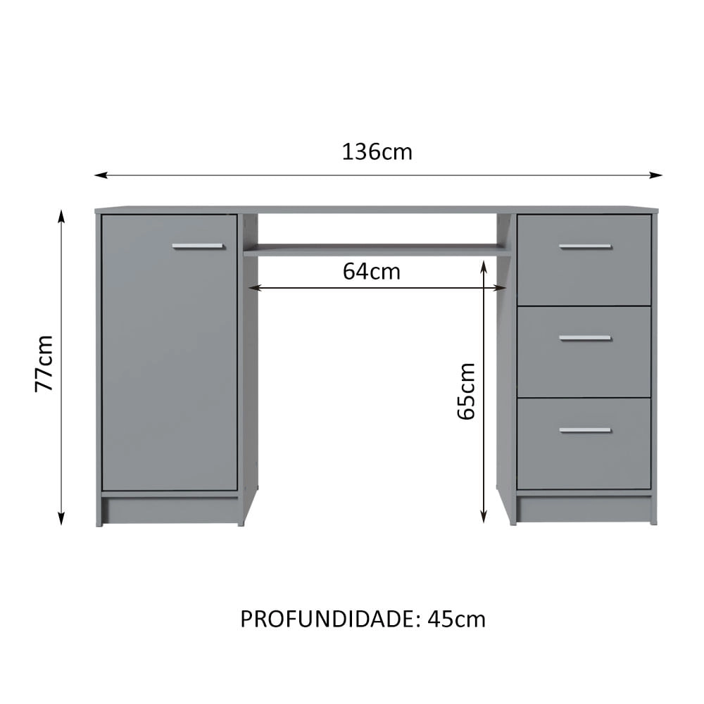 Escrivaninha Mesa para Computador Madesa Alaska 3 Gavetas 1 Porta Cinza Cor:Cinza