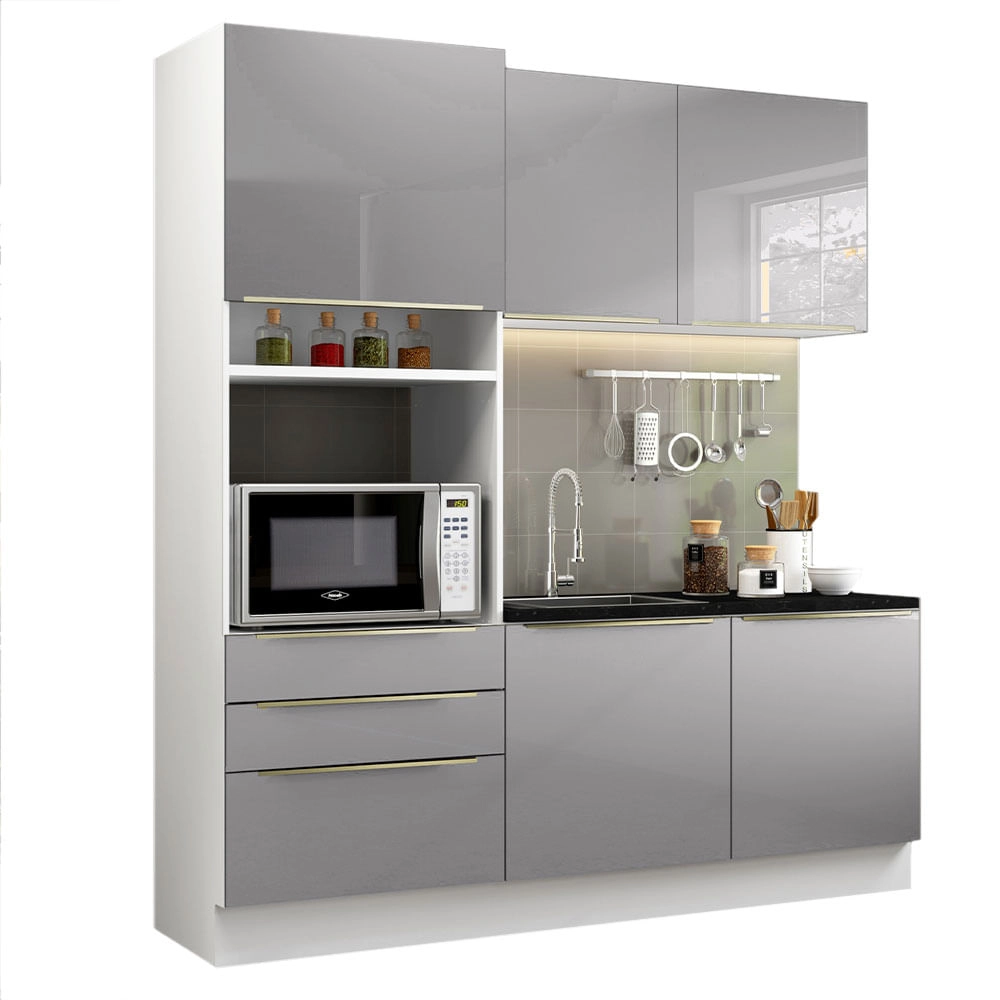 Cozinha Compacta Madesa Lux com Armário e Balcão 5 Portas 3 Gavetas Branco/Cinza Cor:Branco/Cinza