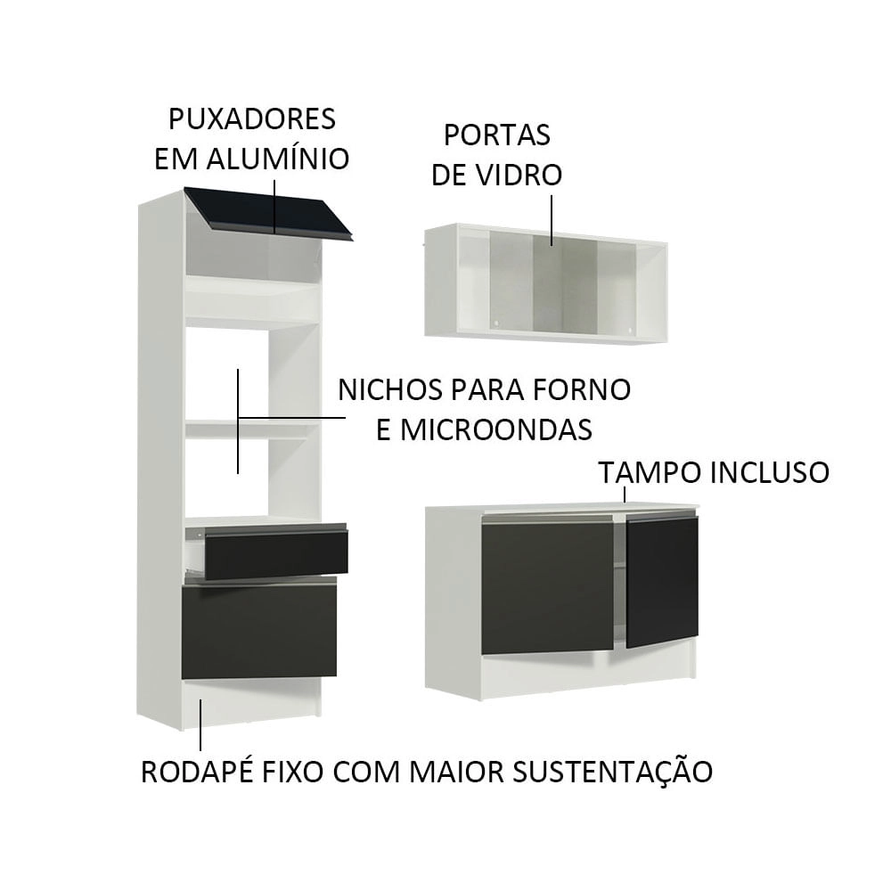 Cozinha Compacta Madesa Topazio com Balcão e Tampo Branco/Preto Cor:Branco/Preto