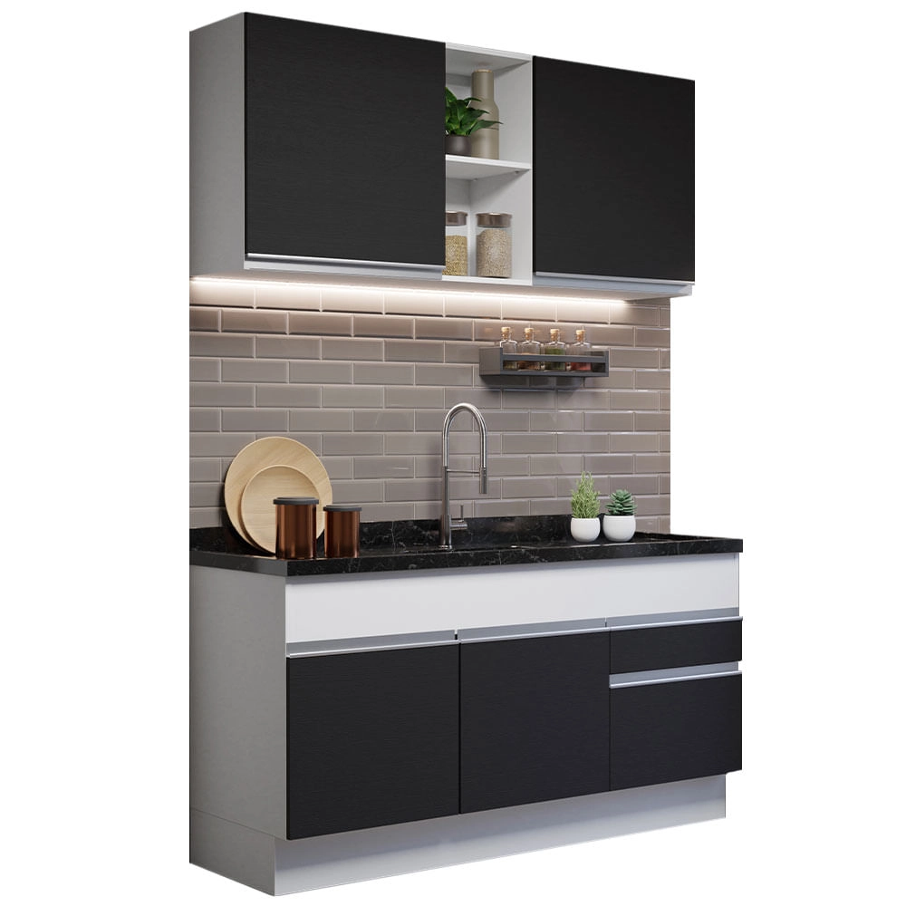 Cozinha Compacta Madesa Glamy 150002 com Armário e Balcão (Sem Tampo e Pia) Branco/Preto Cor:Branco/Preto