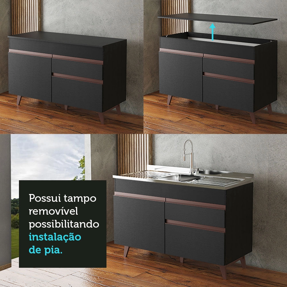 Balcão Gabinete de Pia Madesa Reims 2 Portas e 1 Gaveta - Preto Cor:Preto