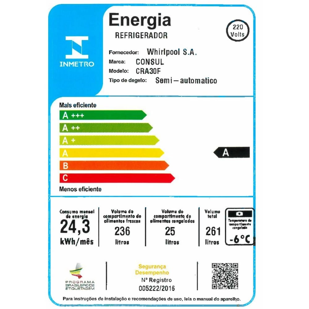 Geladeira Consul Degelo Seco 261 litros Branca com Gavetão Hortifruti - CRA30FB 220V