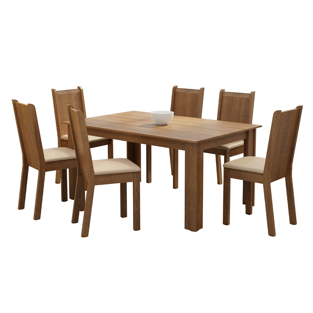 Conjunto Sala de Jantar Madesa Analu Mesa Tampo de Madeira com 6 Cadeiras Rustic/Pérola Cor:Rustic/Pérola