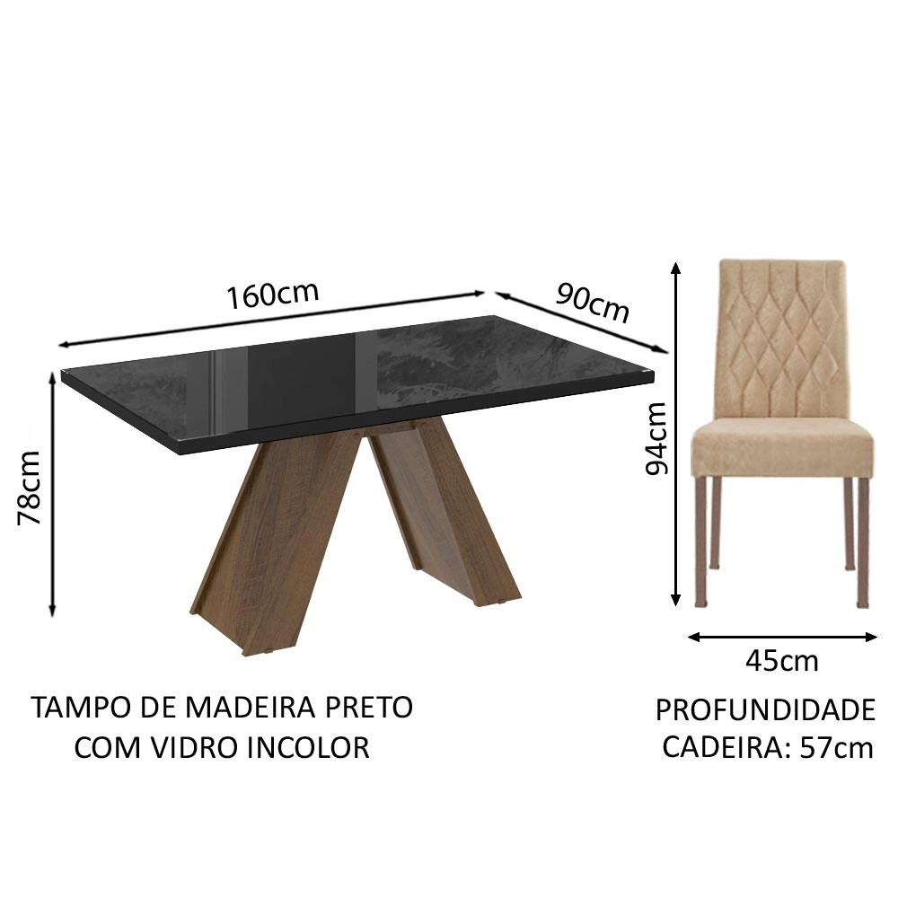 Conjunto Sala de Jantar Madesa Vanessa Mesa Tampo de Vidro com 6 Cadeiras  Cor:Rustic/Preto/
