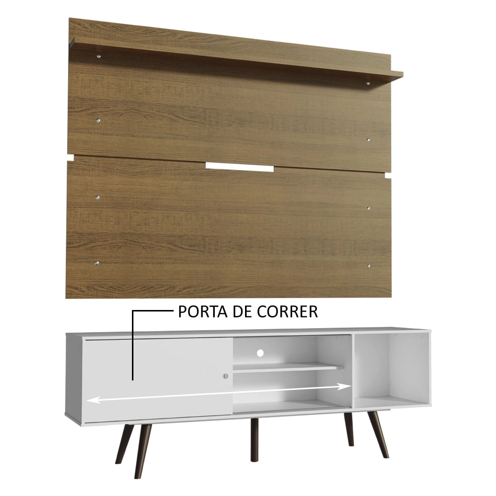 Rack Madesa Cairo e Painel para TV até 65 Polegadas com Pés de Madeira - Branco/Rustic Cor:Branco/Rustic