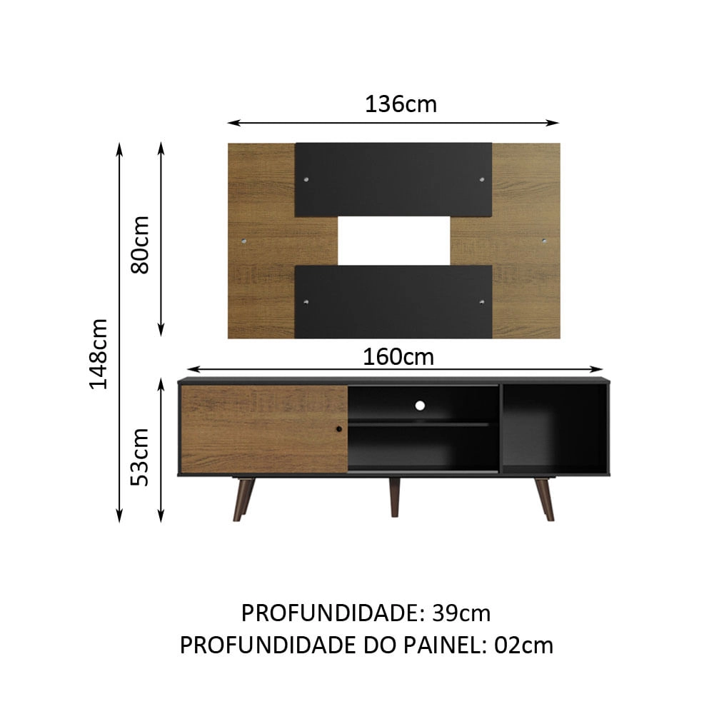 Rack Madesa Dubai com Pés e Painel para TV até 58 Polegadas Preto/Rustic D8C1 Cor:Preto/Rustic/Rustic