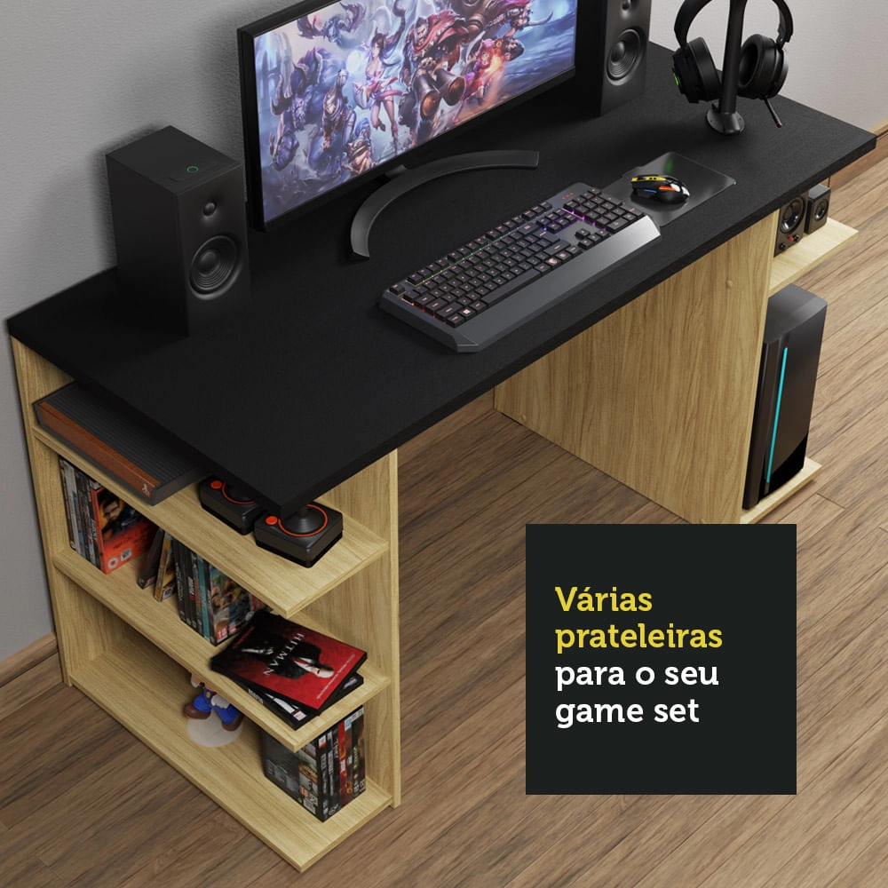 Mesa para Computador Gamer Escrivaninha 9409 Madesa Carvalho/Preto Cor:Carvalho/Preto