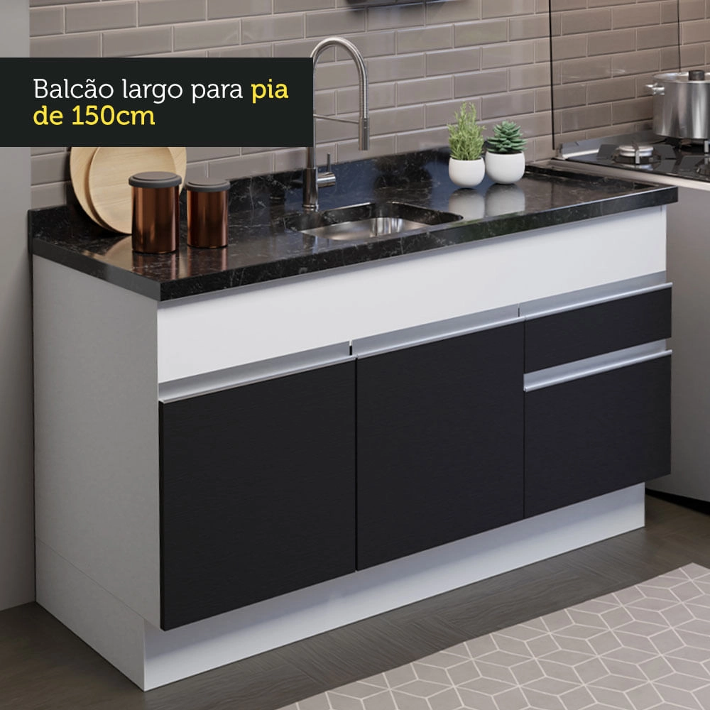 Cozinha Compacta Madesa Glamy 150002 com Armário e Balcão (Sem Tampo e Pia) Branco/Preto Cor:Branco/Preto