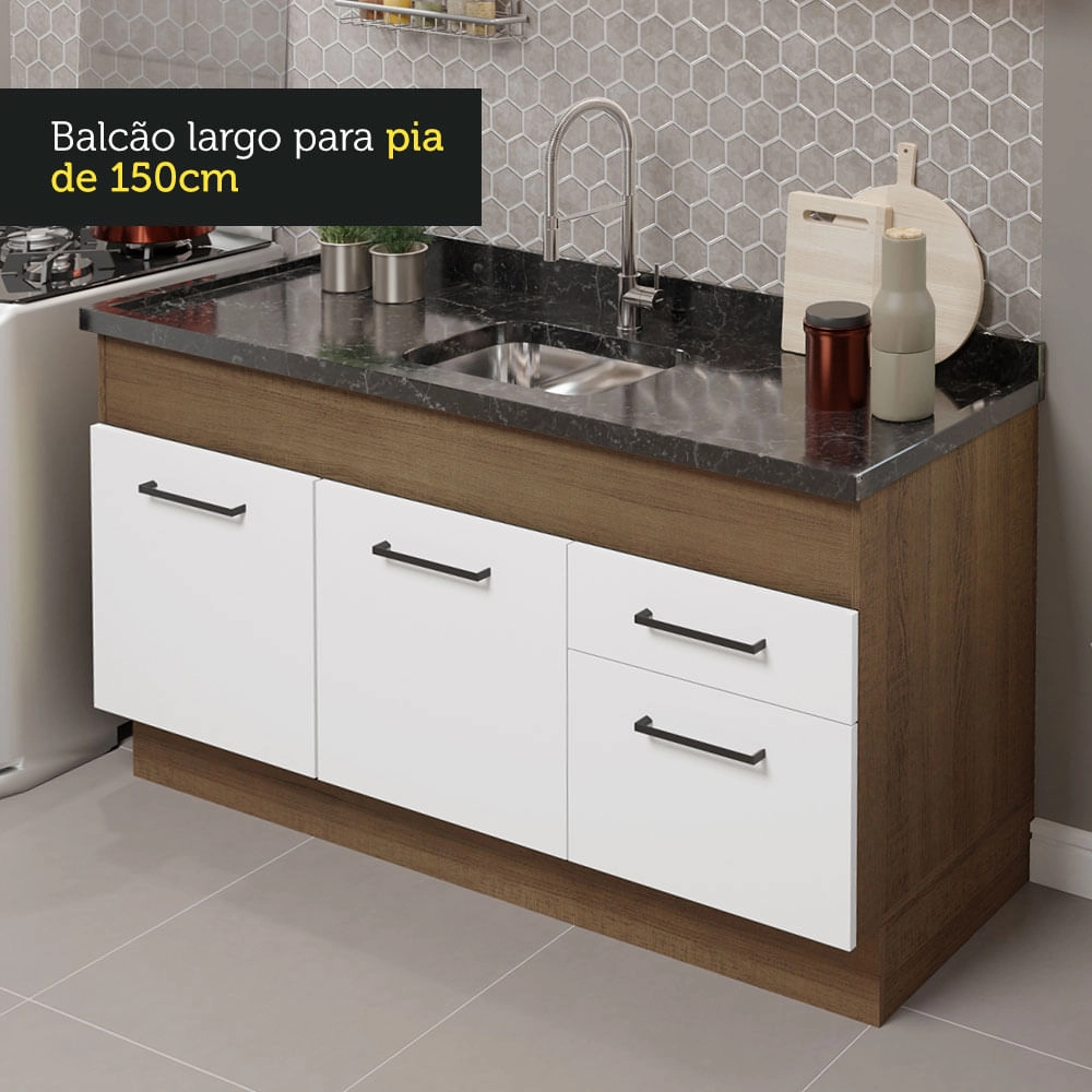 Cozinha Compacta Madesa Agata 150002 com Armário e Balcão (Sem Tampo e Pia) Rustic/Branco Cor:Rustic Branco