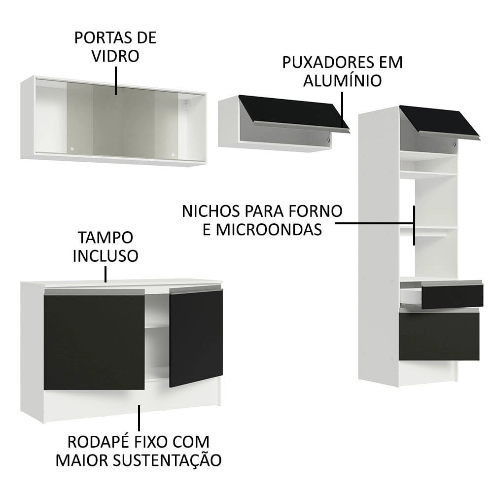 Armário de Cozinha Completa 260cm Branco/Preto Topazio Madesa 01 Cor:Branco/Preto