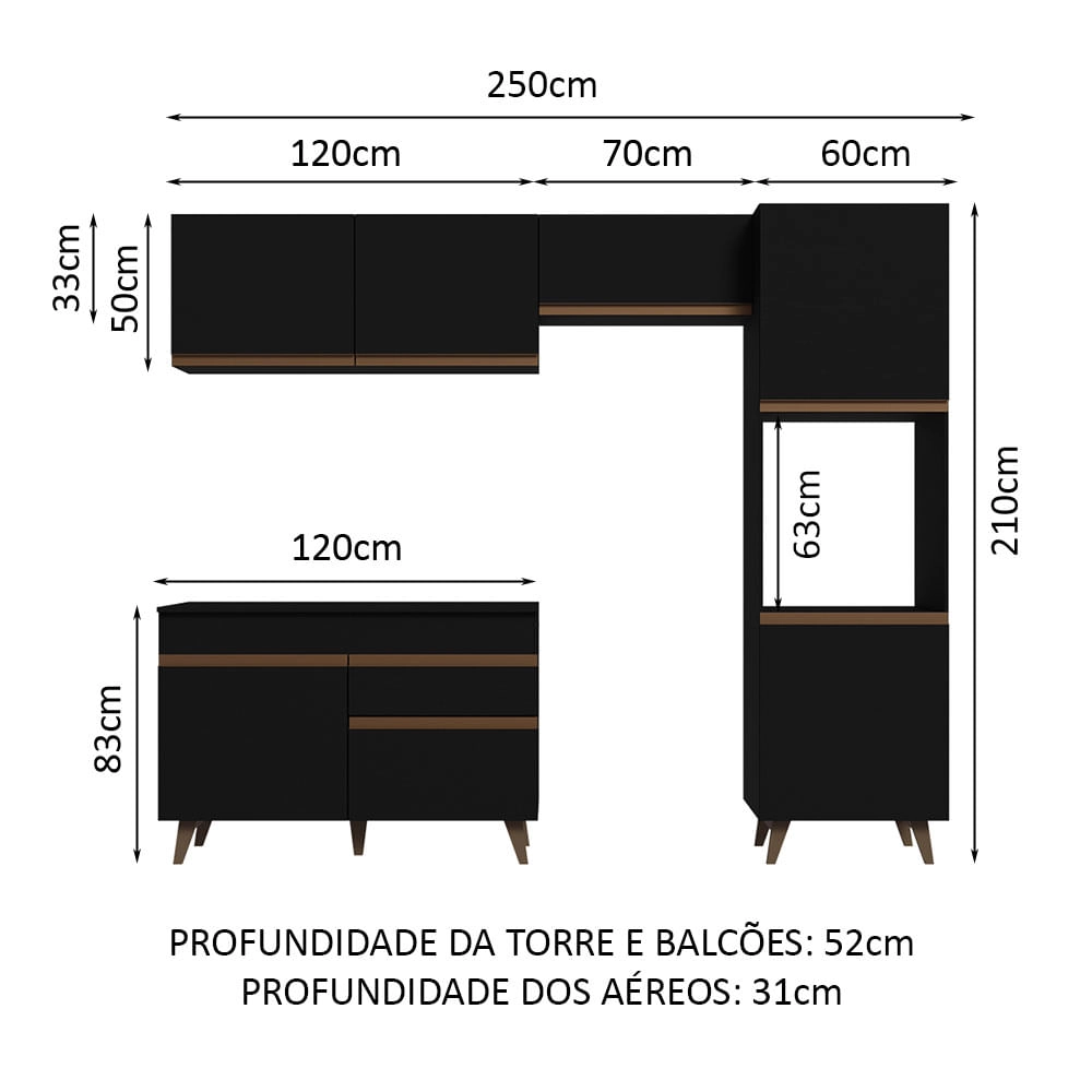 Armário de Cozinha Completa 250cm Preto Reims Madesa 06 Cor:Preto