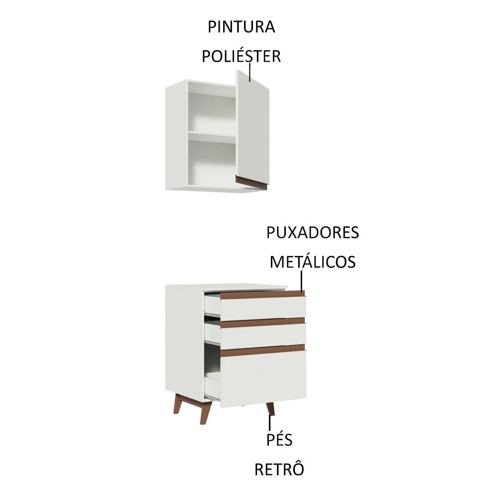 Kit Madesa Reims 60 cm com Armário Aéreo e Balcão com 3 Gavetas Branco Cor:Branco