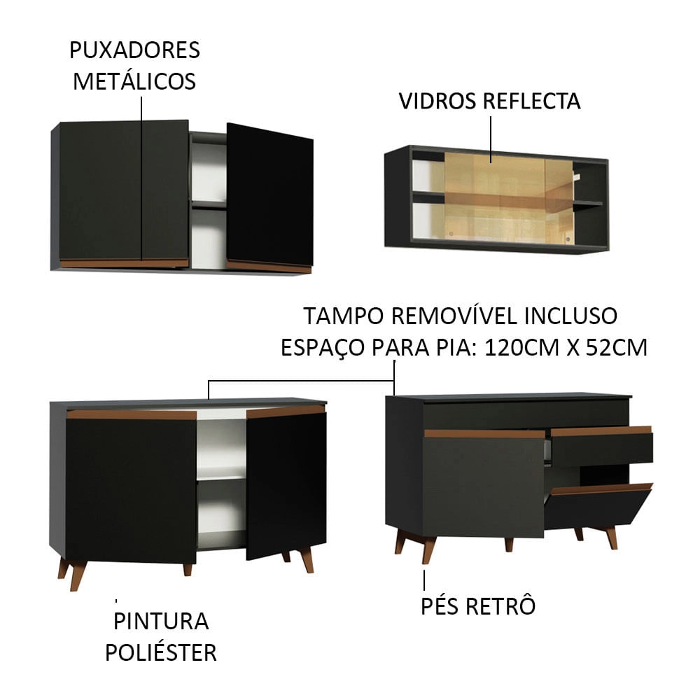 Cozinha Completa Madesa Reims 240001 com Armário e Balcão Preto Cor:Preto