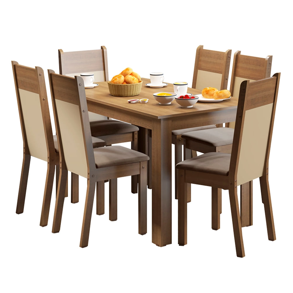 Conjunto Sala de Jantar Honduras Madesa Mesa Tampo de Madeira com 6 Cadeiras Rustic/Crema/Pérola Cor:Rustic/Crema/Pérola