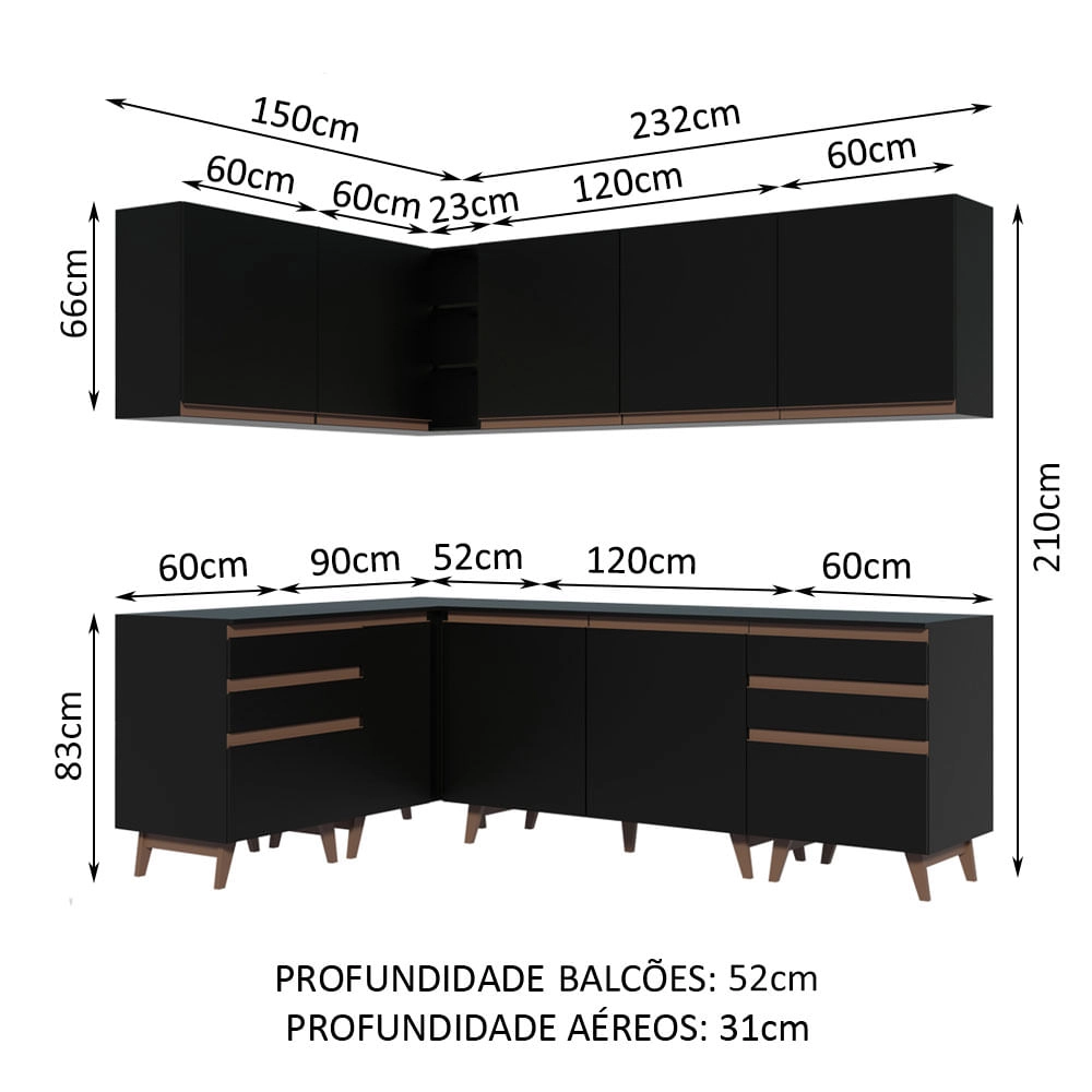 Cozinha Completa de Canto Madesa Reims 382002 com Armário e Balcão Preto Cor:Preto