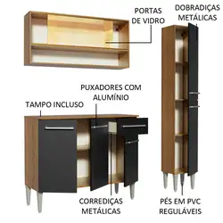 Cozinha Compacta Madesa Emilly Art com Balcão e Armário Vidro Reflex - Rustic/Preto Cor:Rustic/Preto