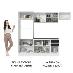 Armário de Cozinha Completa 100% MDF 250cm Branco/Preto Acordes Madesa 04 Cor:Branco/Preto