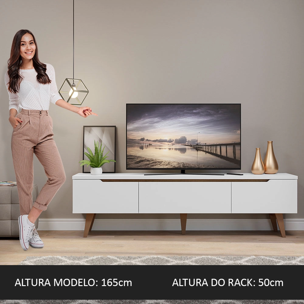 Rack Retrô Madesa Reims para TV até 75 Polegadas Pés de Madeira Branco Cor:Branco