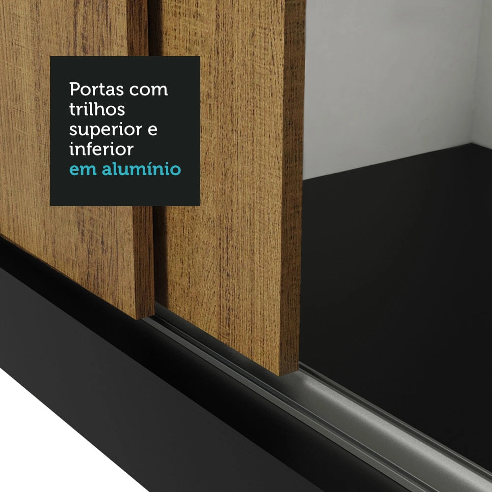 Guarda-Roupa Casal Madesa Reno 3 Portas de Correr com Espelho Cor:Preto/Rustic